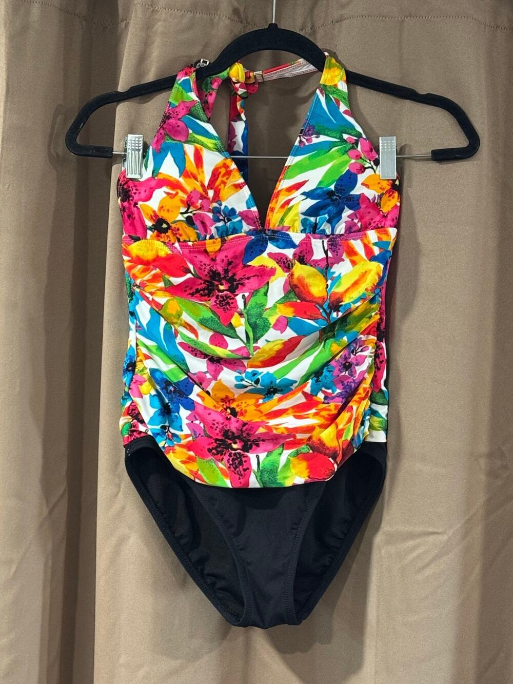 Chaps One Piece Swimsuit Floral Halter Tummy Control Size 6 Multicolor